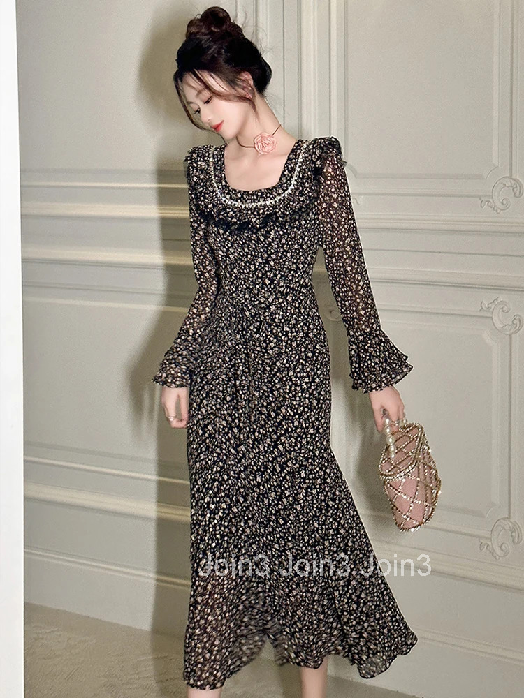 New Autumn Fashion Chiffon Floral Elegant Ruffle Long Dress Women Clothes Casual Sweet Flare Sleeve Slim Robe Party Prom Vestido