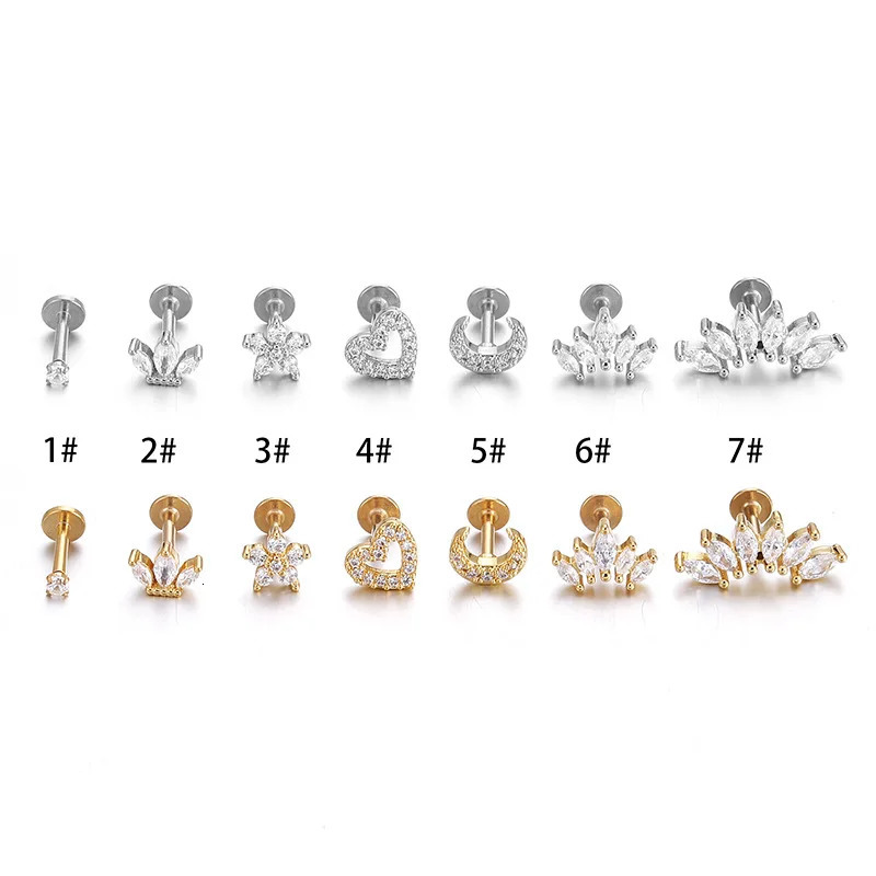 1Piece 12mm Heart Flower Crown Cartilage Earrings Stainless Steel Zircon Conch Rook Tragus Stud Labret Back Piercing Jewelry 250613