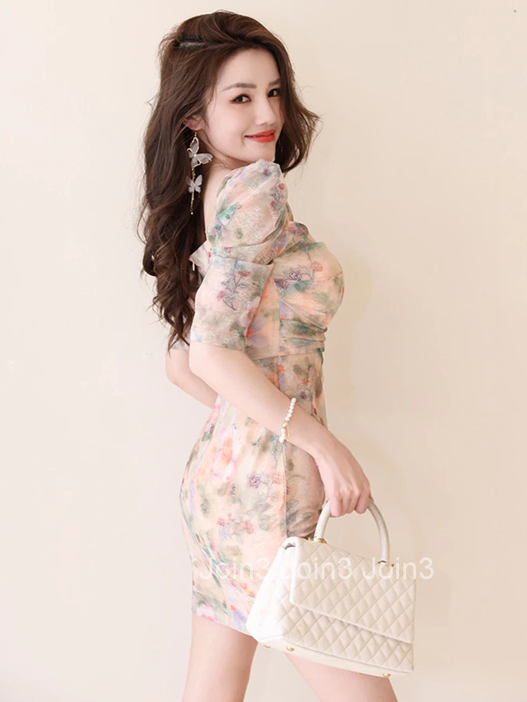 Summer Elegant Women Evening Dress Mesh Floral Square Collar Folds Slim Mini Party Club Prom Beach Femme Mujer Stretchy Vestidos