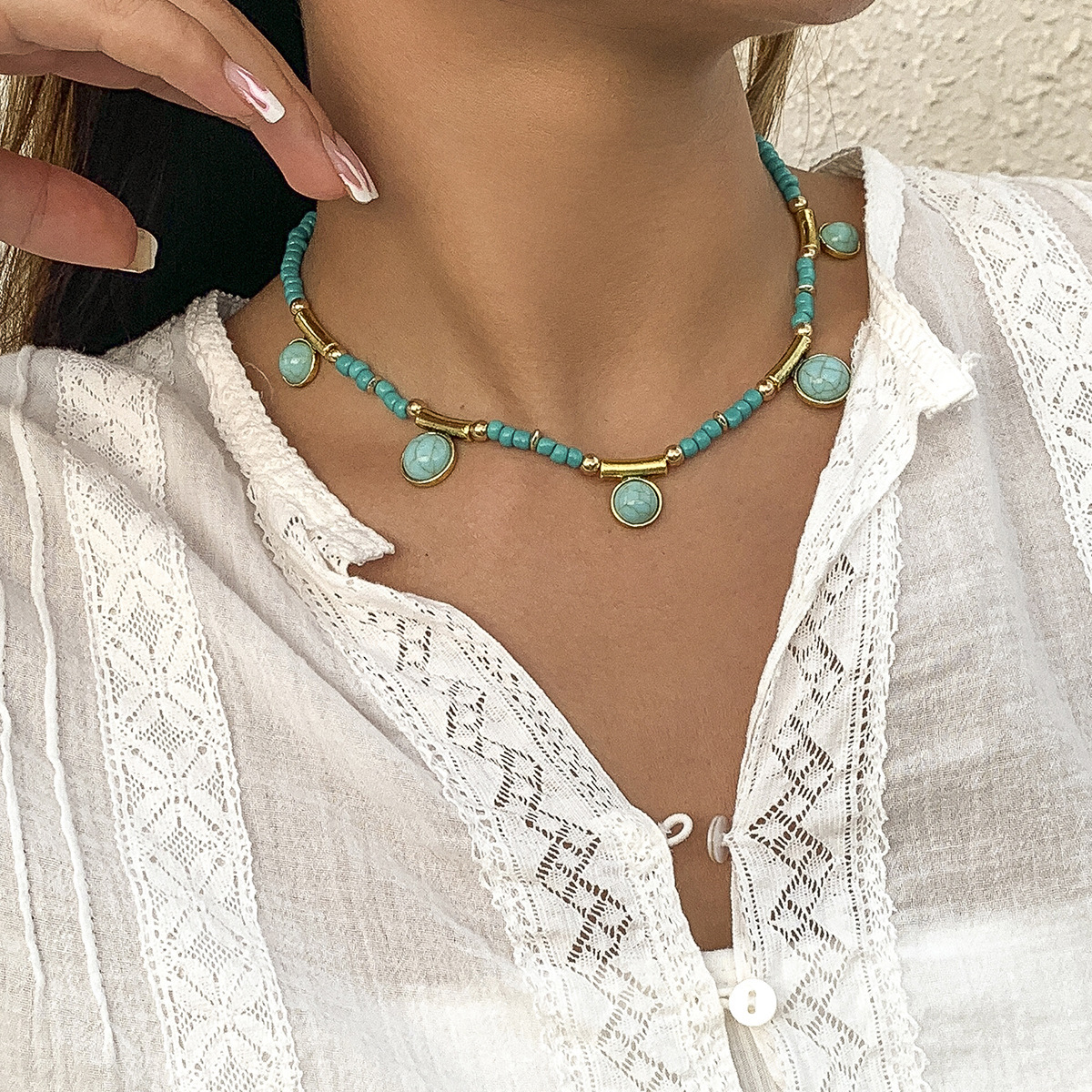 Jewelry Turquoise Pattern Tassel Pendant for Women Color-Block Rice Bead Collarbone Pastoral Necklace