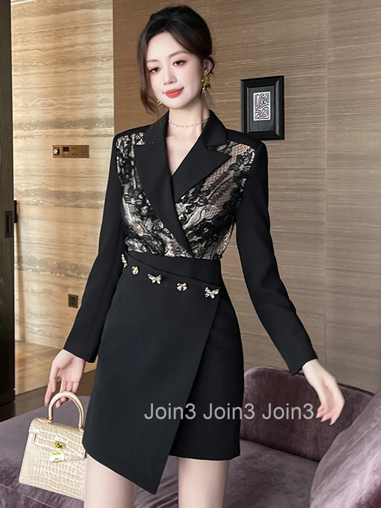New Autumn Black Formal Occasion Asymmetrical Short Dress Women Clothes Commute Elegant Lace Patchwork Long Sleeve Slim Vestidos