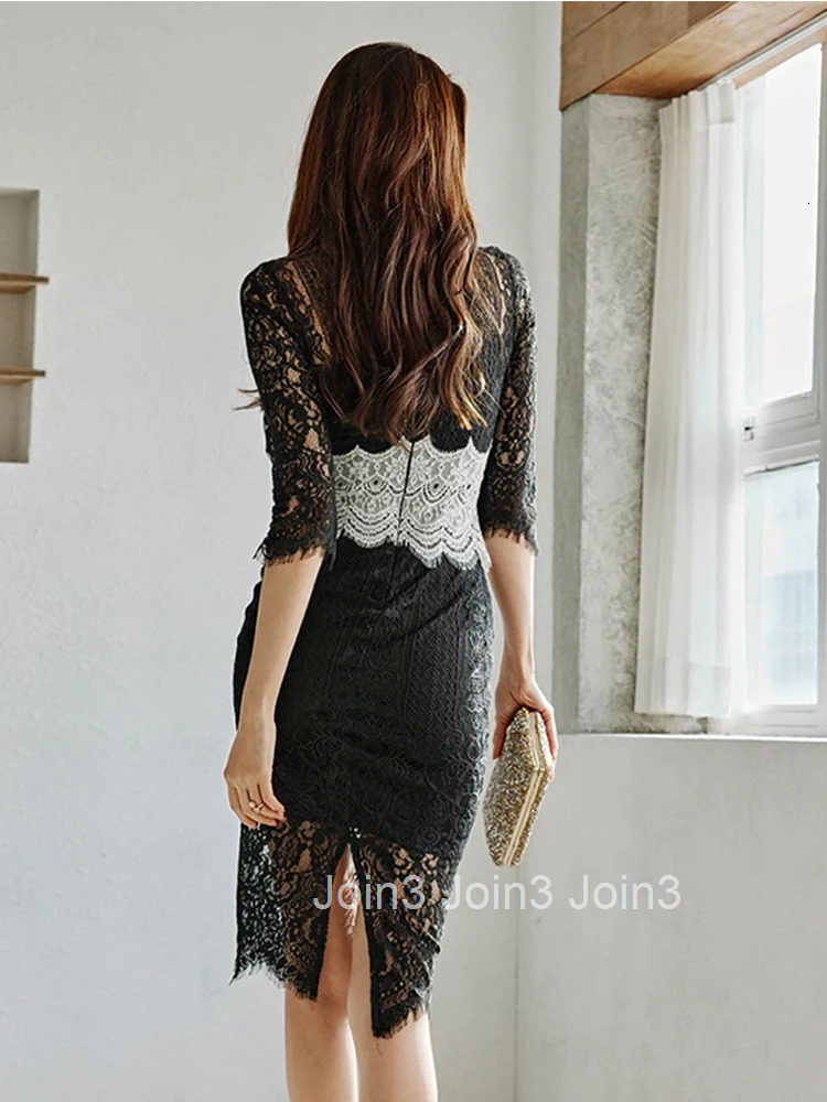 Summer Elegant Office Women Evening Dress Black Lace Chic Sheer Sexy Stand Neck Slim Midi Party Club Prom Femme Mujer Vestidos