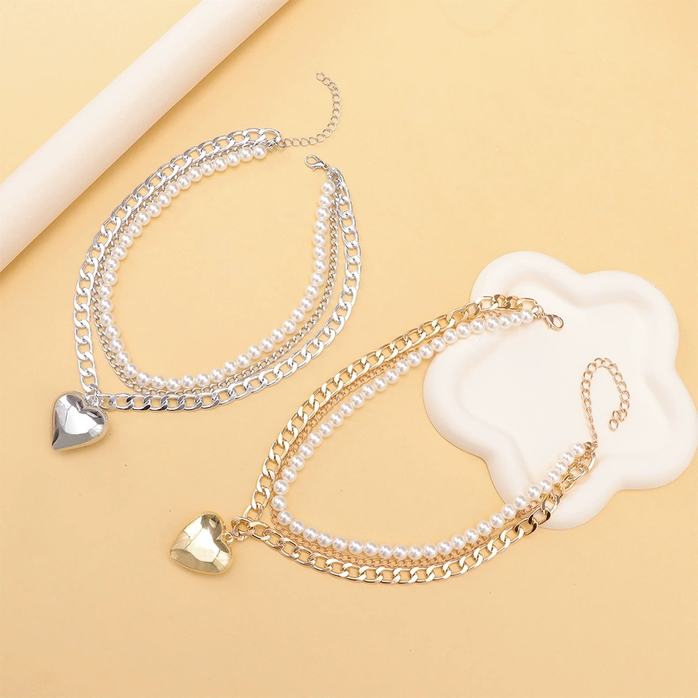 Chic Shimmering Heart Charm with Layered Pearl Beads - Intricate Metal Link Neckpiece
