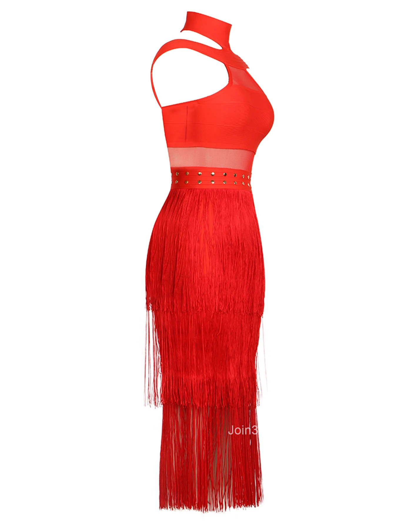 Fashion Women's Clothing Rivet Embellished Neck-Mounted Tassel Bandage Dress Elegant Evening Party Red Carpet Gown Casual Wear