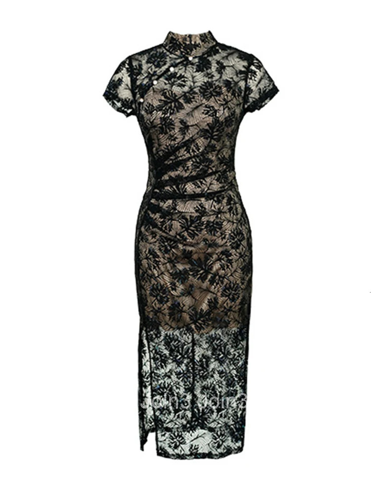 New Chinese Style Qipao Summer Evening Dress Women Lady Lace Chic Black Sexy Stand Neck Slim Midi Party Club Prom Mujer Vestidos