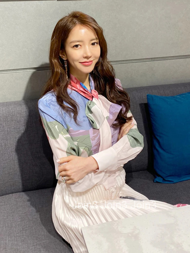 New Korean Fashion Work Style Print 2 Pieces Outfits Women Clothes Elegant Office Loose Tops Shirt Blouse And Pleated Skirt Set