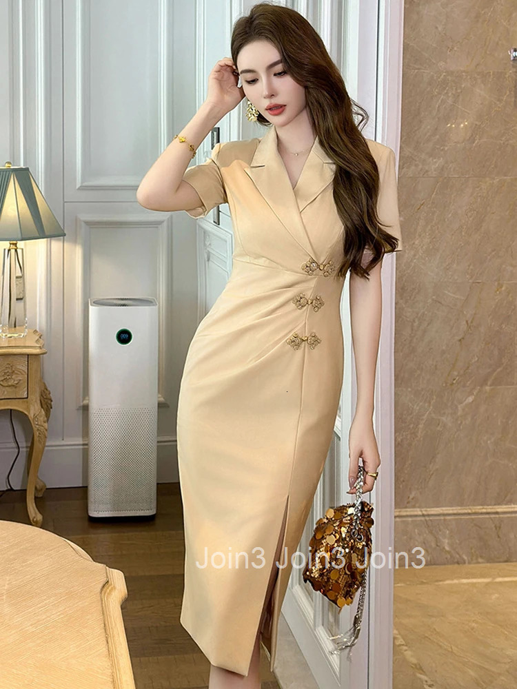 Summer Work Style Formal Occasion Pencil Dress Women Clothes Elegant Office Vintage Solid Short Sleeve Slim Folds Midi Vestidos