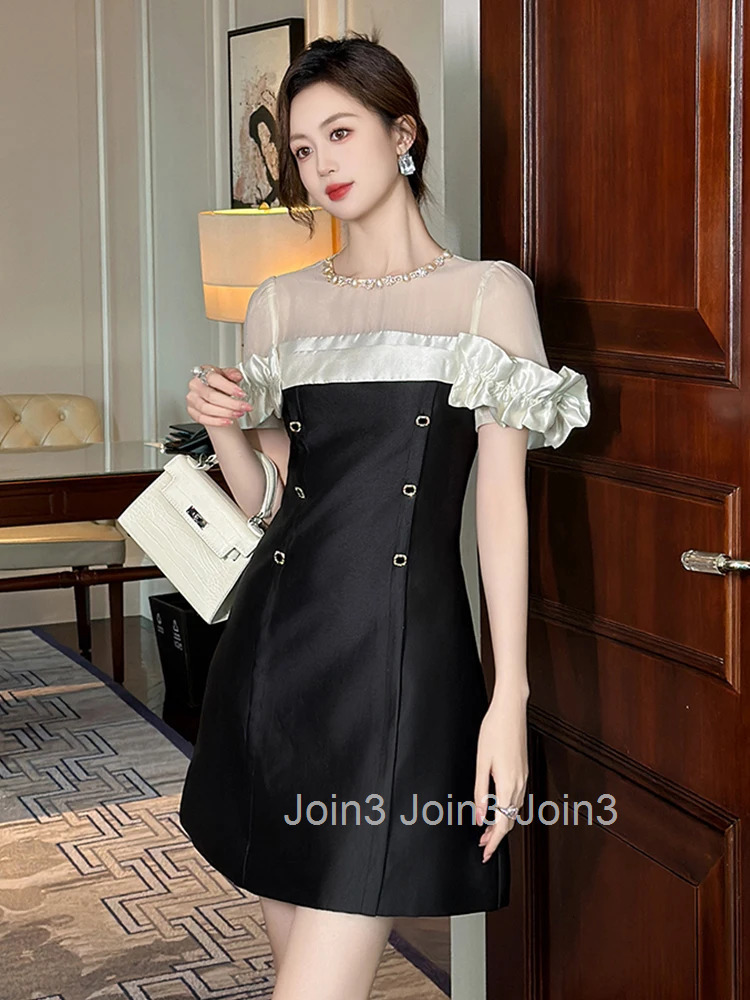 Summer Fashion Elegant Formal Occasion Evening Dress Women Clothes Retro Sheer Sexy O-Neck Puff Sleeve Slim Short A-Line Vestido