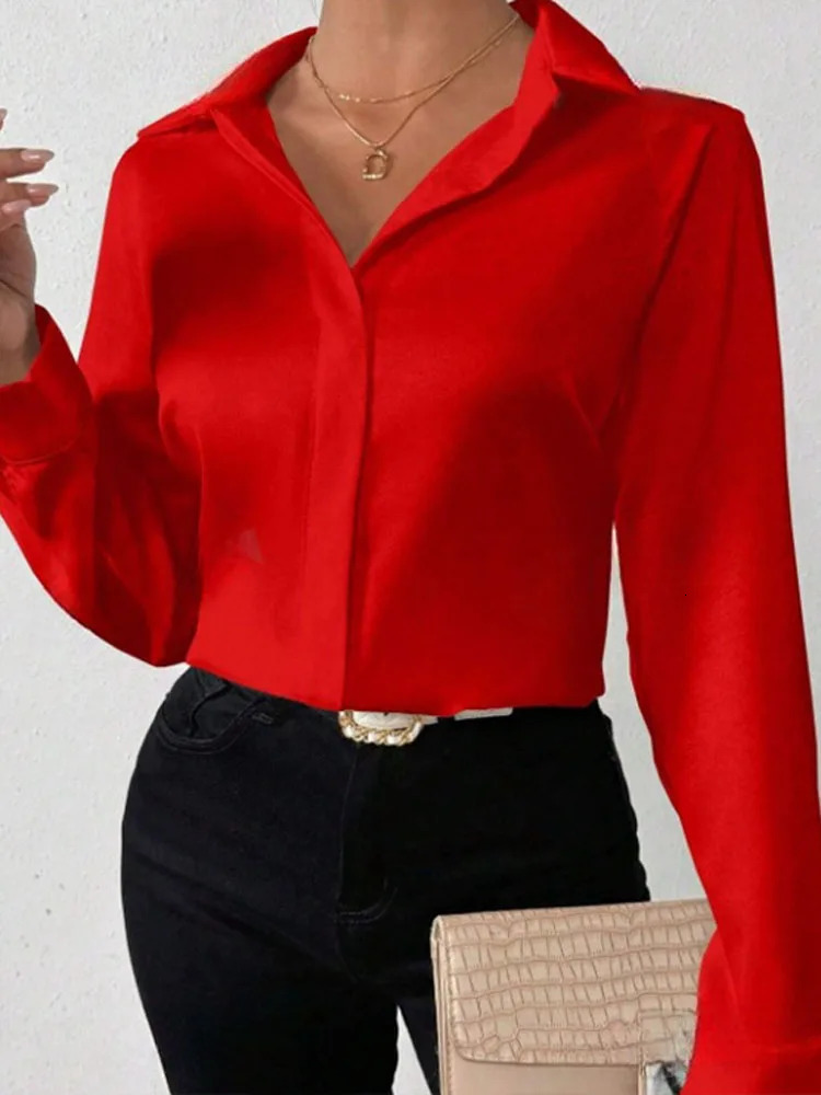 Womens Loose Satin Blouse Tops Summer Spring Turn Down Collar Button Long Sleeve OL Ribbon Blouse Shirts DFFS-A0060 250617