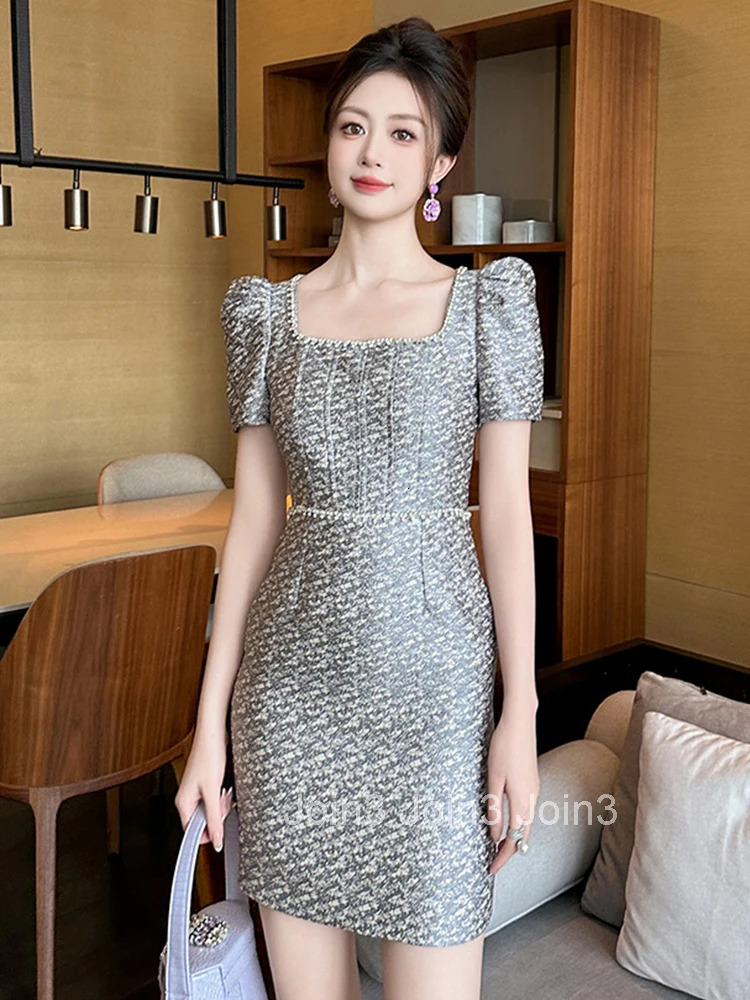 Women Clothes Vintage Sexy Square Neck Slim Mini Short Pencil Dress Elegant Luxury Ladies Fashion Party Prom Vestidos Summer New