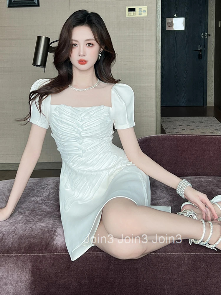 Summer Casual White Sweet Evening Dress Women Clothes Elegant Retro Sheer Sexy Puff Sleeve Slim A-Line Short Party Prom Vestidos