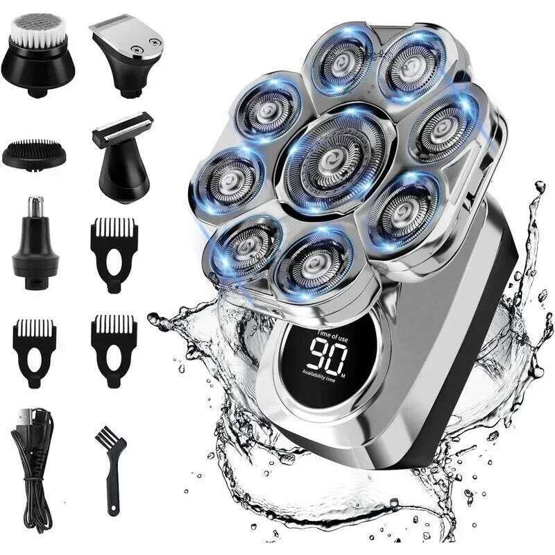 Detachable Razor.6 In 1.Smoother Shaving.Suitable For Bald Men.Wet And Dry 9D Rotary Shaver Grooming Set.Type-C Charger (A)