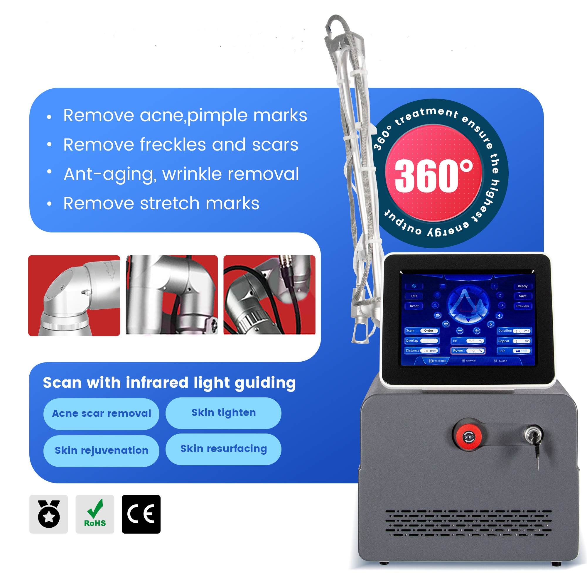 High Precision 10600nm Fractional CO2 Laser Equipment for Scar Repair, Collagen Boosting and Skin Firming Treatment