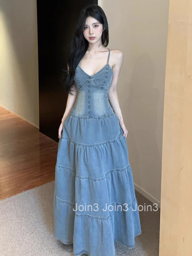 Women Clothes Y2K Denim Sexy Strap Backless Slim Maxi Long A-Line Dress Elegant Fashion Party Prom Vestido Robe Beach Casual New