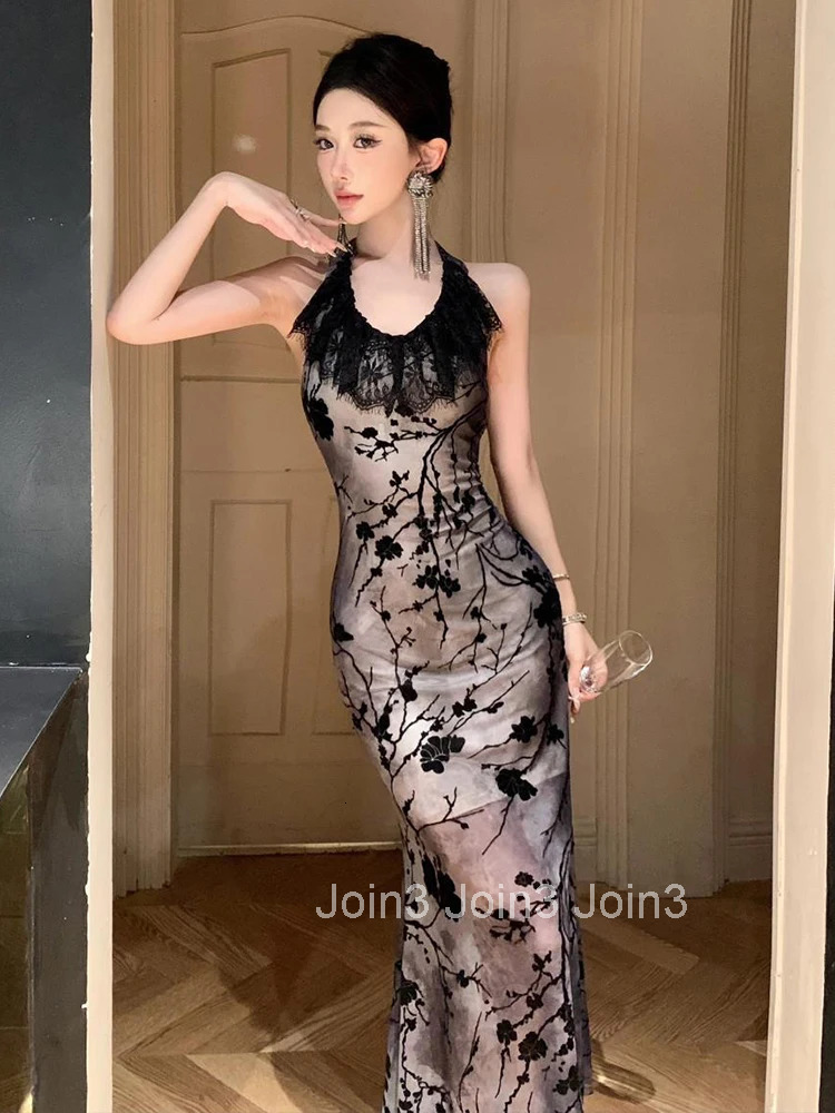 Women Clothes Retro Black Lace Ruffle Sexy Halter Backless Slim Evening Long Dress Elegant Fashion Party Prom Vestido Robe Beach