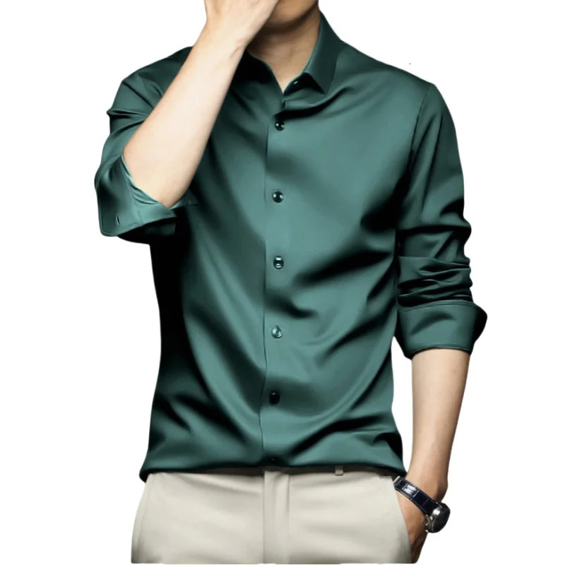 Spring Autumn Mens Long Sleeve Professional Dress Shirt Solid Color Fashion Business Casual Ice Silk Slim Fit Workwear Shirts 250618