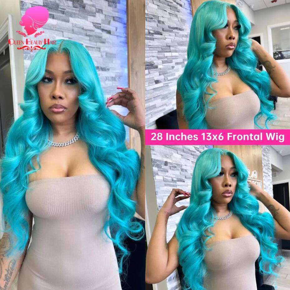 Light Green 13x6 Transparent Front Body Wave Lace Frontal Wigs Pre Plucked Blue Colored Human Hair Wig