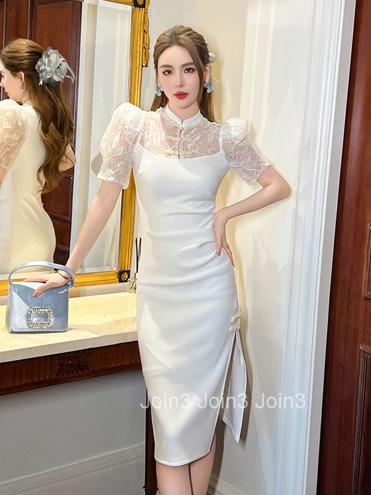 Summer Fashion White Lace Splic Evening Dress Women Clothes Elegant Vintage Sheer Sexy Puff Sleeve Slim Midi Party Prom Vestidos