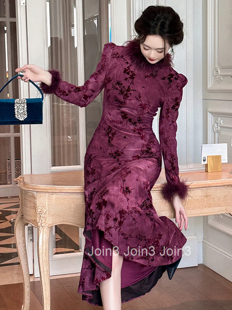 Women Clothes Vintage Purple Floral Feather O-Neck Slim Midi Fishtail Dress Elegant Fashion Party Prom Vestido Autumn Winter New