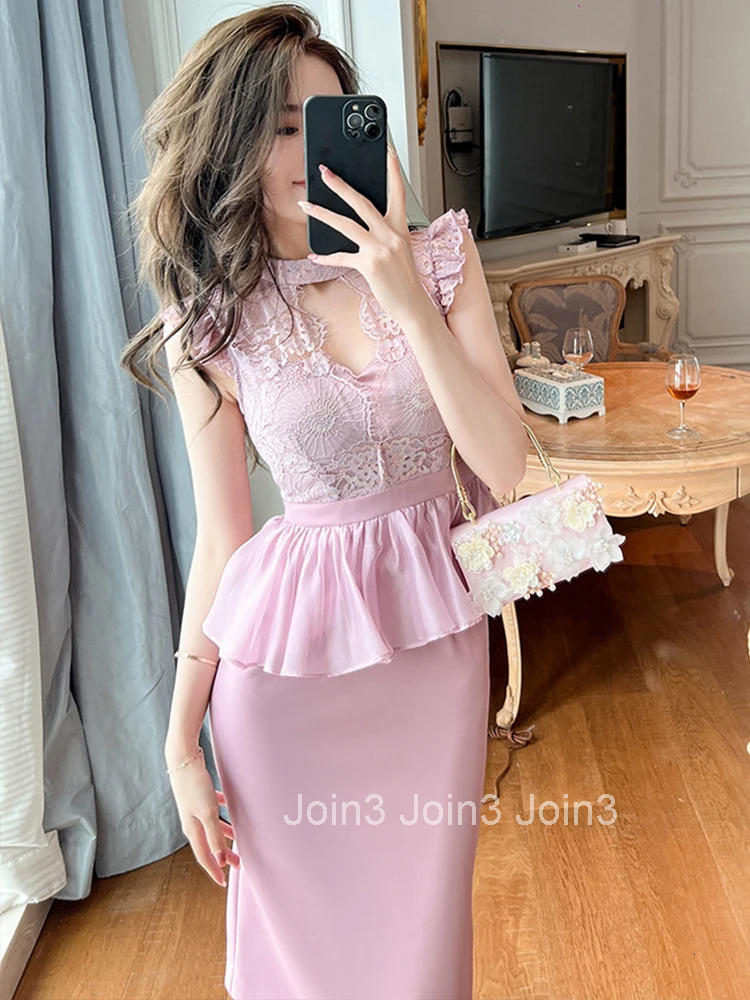 New Summer Elegant Office Women Evening Dress Chic Lace Pink Sheer Sexy Hollow Slim Midi Pencil Party Prom Femme Mujer Vestidos