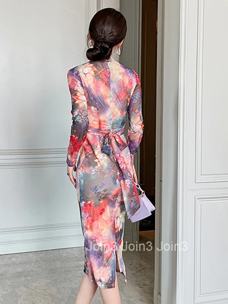 Elegant Dress For Women 2022 V-Neck Floral Mesh Lace-up Midi Club Lady Coffee Break Robe Bodycon Skinny Runway Female Dress Slit