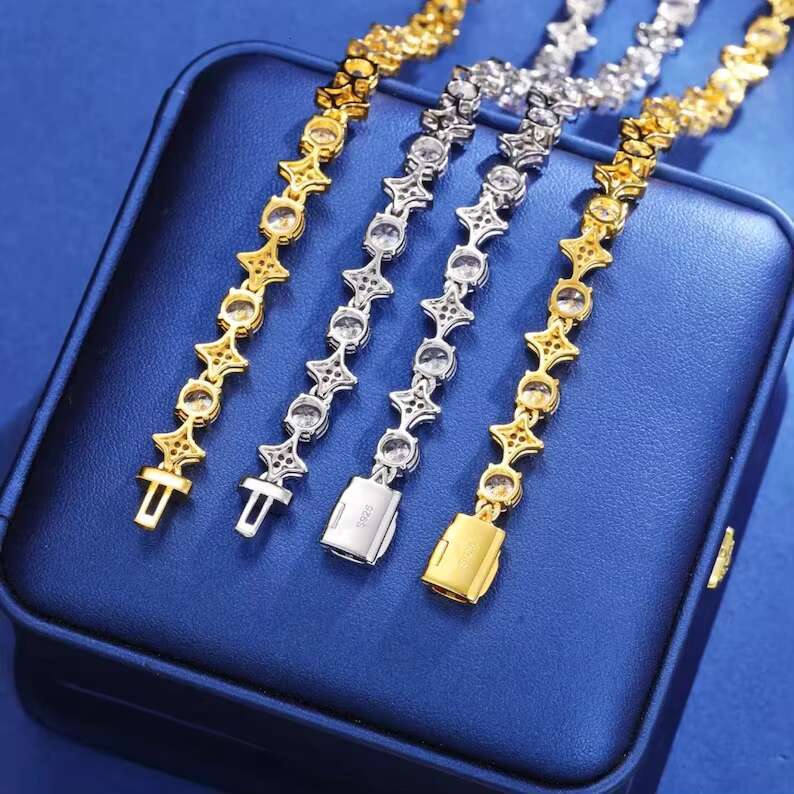 Fully Iced Out Star Round Shaped Moissanite Diamond Tennis Chain Hip Hop Jewelry Beautiful Jewelry Best Gift for Men Women