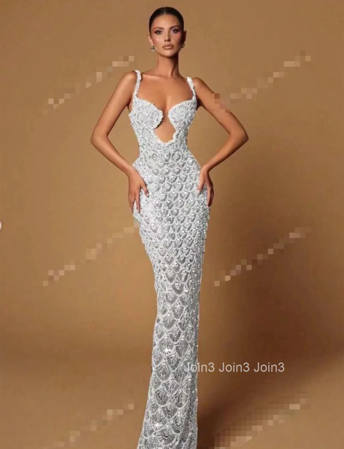 Pearl White Illusion Evening Gown Crystal-Embroidered Sequined Bridal Dress w/Deep V Neck - Wedding Gala Formal Attire