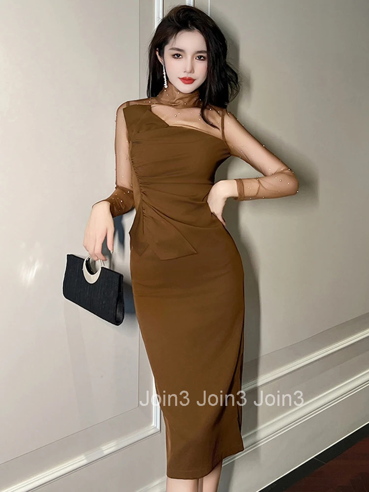 Fashion Spring Autumn Mesh Sheer Long Evening Dress Women Ladies Clothing Elegant Slim Midi Party Prom Robe Femme Mujer Vestidos