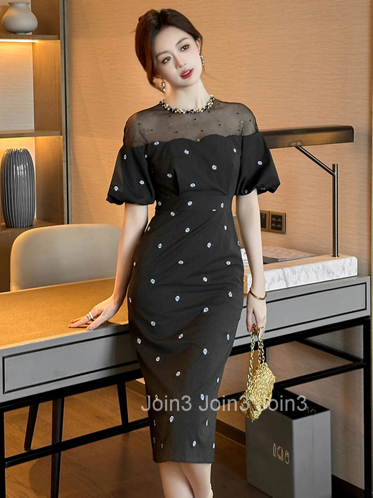 New Summer Striped Flower Embroidery Evening Dress Women Clothes Elegant Retro Bubble Sleeve Slim Midi Pencil Party Prom Vestido