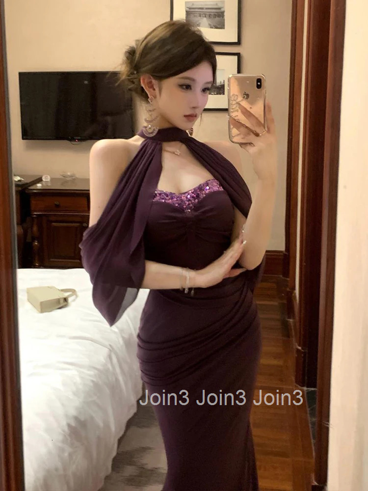 Women Clothes Vintage Sequin Purple Sexy Strapless Skinny Evening Long Dress Elegant Fashion Party Prom Vestidos Robe Beach New