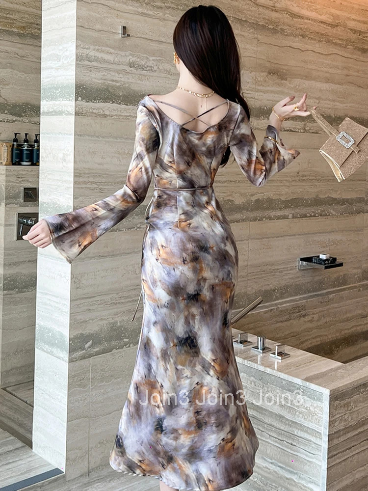 New Spring Autumn Casual Satin Print Fishtail Dress Women Clothes Elegant Lady Retro Flared Sleeve Slim Midi Robe Party Vestidos