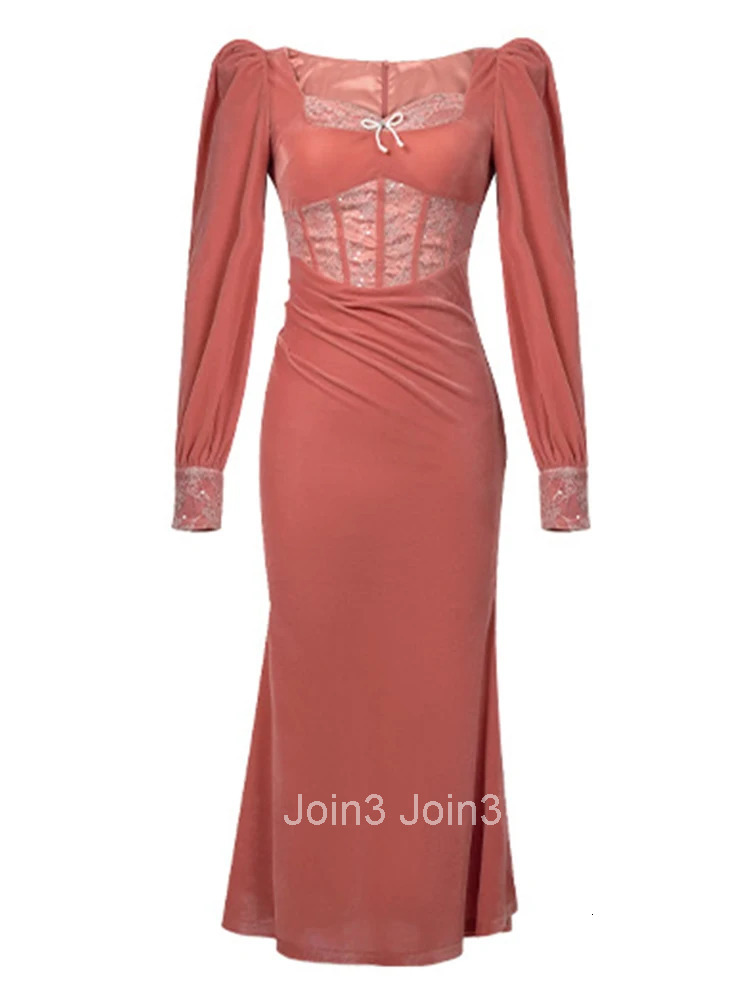 Women Clothes Sweet Velvet Lace Square Neck Slim Midi Fishtail Dress Elegant Party Prom Vestidos Robe Autumn Winter Casual New