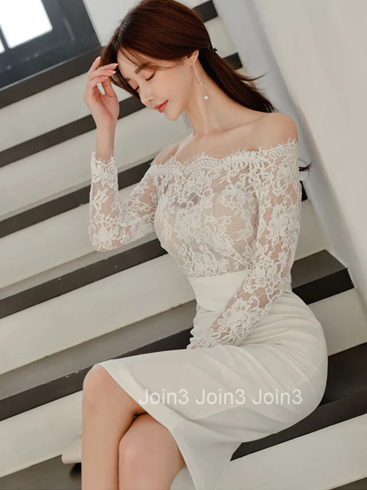 Fashion Korean Spring Autumn Elegant Women Dress Mujer Chic Lace Sheer Sexy Off-Shoulder Midi Dresses Party Club Prom Vestidos