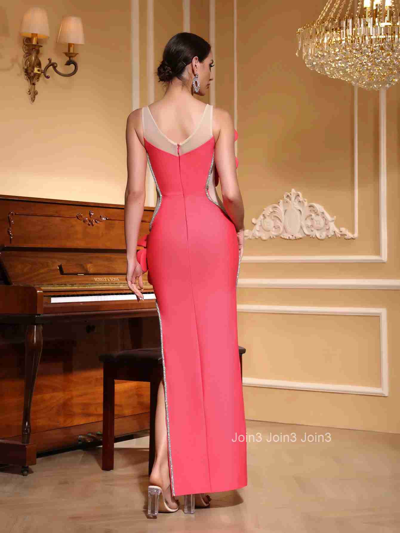 Womens Hot 2 Colour Bandage Dress 3D Floral Sheer Panel Evening Gown Sequined Slit Formal Party Wear
