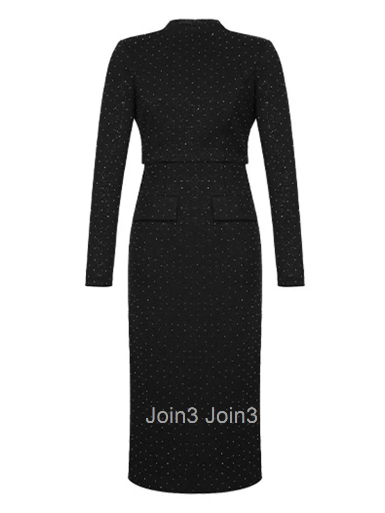 Women Clothes Formal Occasion Black Sparkly O-Neck Slim Midi Pencil Dress Elegant Fashion Party Vestido Casual Autumn Winter New