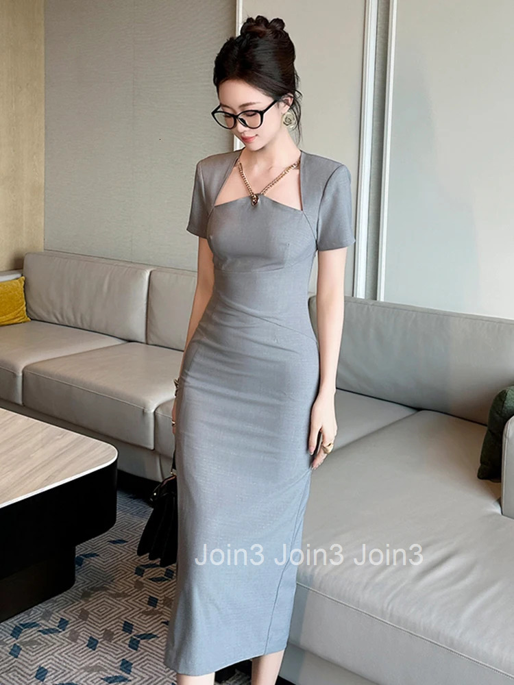 New Summer French Fashion Gray Formal Occasion Pencil Dress Women Clothes Commute Elegant Lady Short Sleeve Slim Midi Vestidos