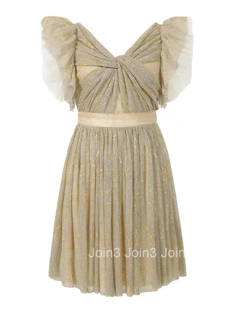 New Summer French Flying Sleeve Ruffle Mesh Fairy Evening Dress Women Clothes Sweet Sexy V-Neck Slim A-Line Party Prom Vestidos