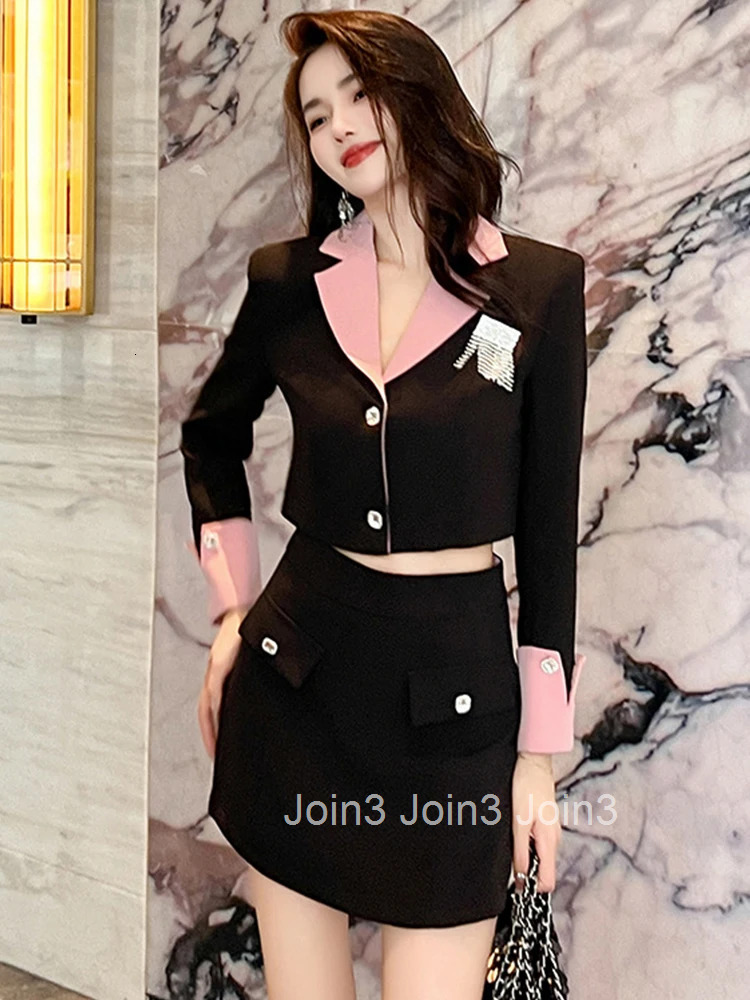 New Fashion Ladies Black Formal 2 Pieces Outfit Suits Women Clothing Cropped Tops Coat Blazer Suit And Mini Skirt Pant Short Set