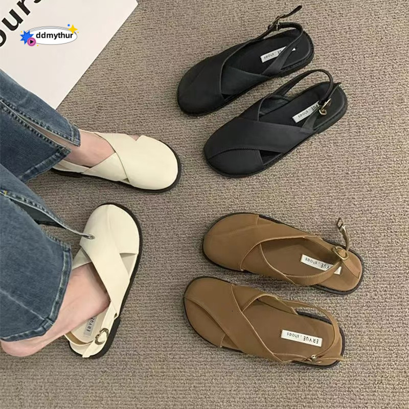 Women's Peep-Toe Sandals 2025 New Summer Korean Style French Mori Fairy Casual Flat Roman Shoes ddmythur