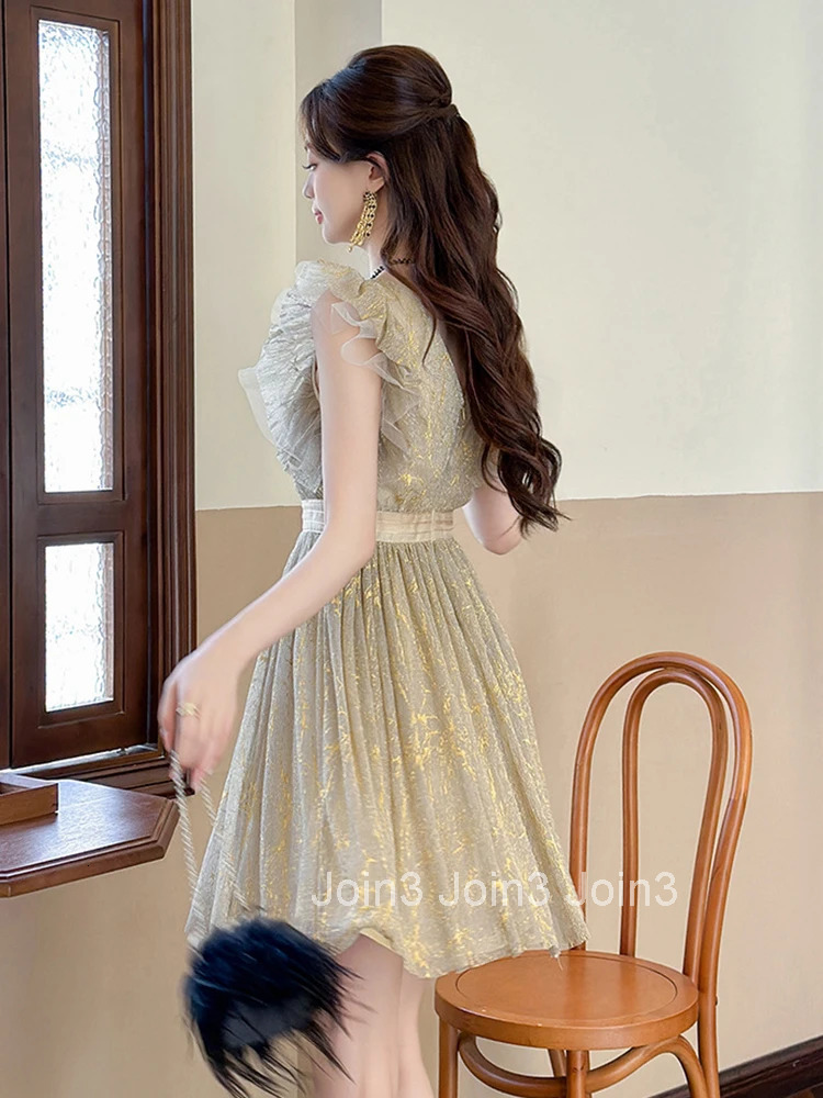 New Summer French Flying Sleeve Ruffle Mesh Fairy Evening Dress Women Clothes Sweet Sexy V-Neck Slim A-Line Party Prom Vestidos