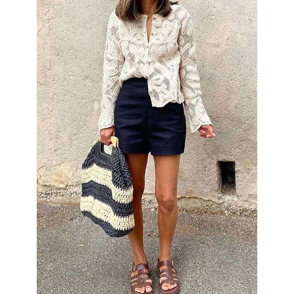 Elegant Beige Casual Hollow Out Shirts Women's Vintage Hook Floral Lace Long Sleeve Button Blouse French Tops Blouses Clothes