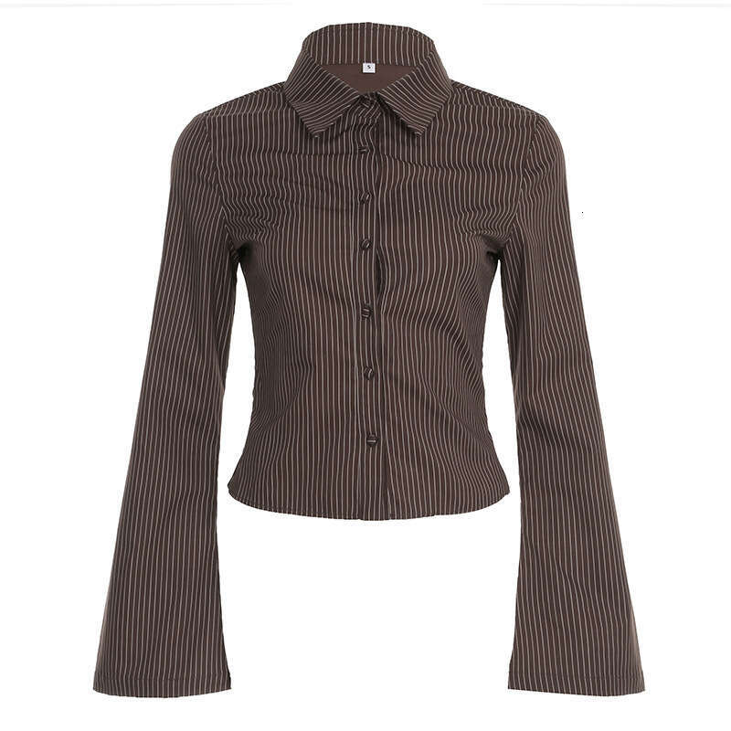 Elegant Commuter Style Turn-Down Collar Bell Sleeve Striped Shirt For Women, Designer Button-Up Cardigan, Slim Fit Waist-Cinching Top, New Arrival B5