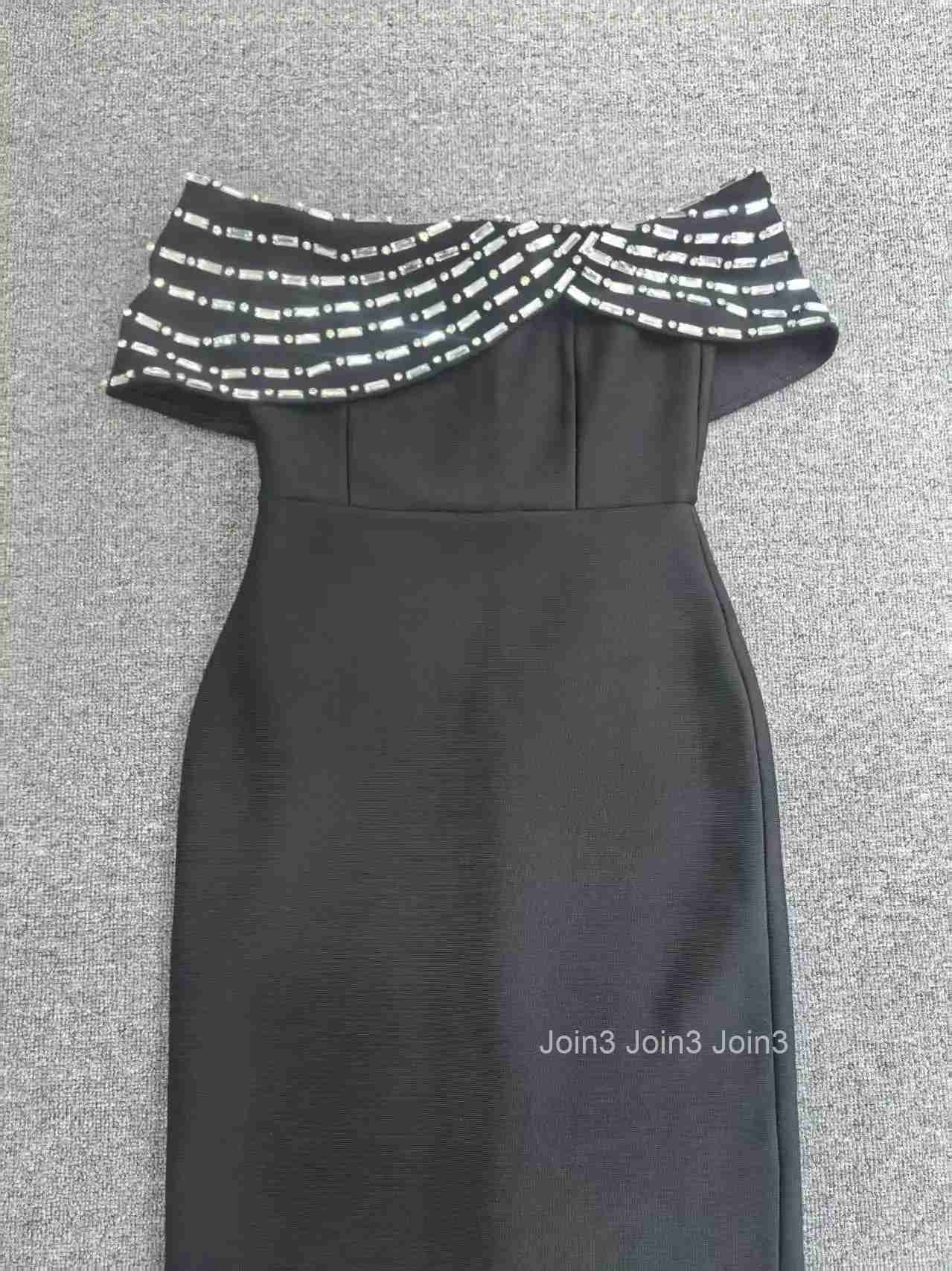 High-End Elegant Womens New Black Crystal Dress Waist-Cinching Sexy Slim-Fit Evening Gown