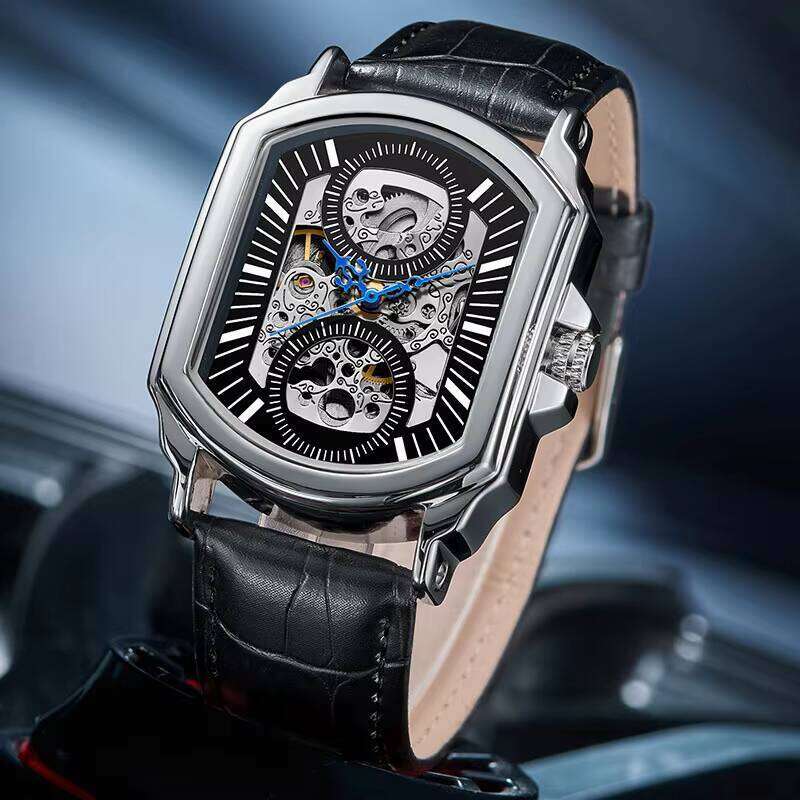 DHgadgets Fashion Men's Automatic Mechanical Skeleton Sports Clock Leather Casual Business Watch Relojes Hombre