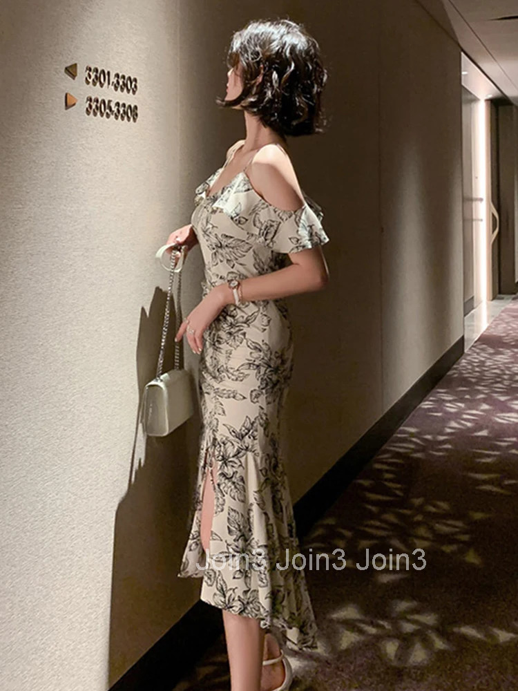 New Summer Women Elegant Evening Dress Chic Floral Sexy Strap Ruffle Slim Midi Dresses Party Club Beach Prom Robe Femme Vestidos