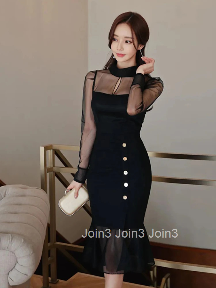 Fashion Work Style Formal Black Mermaid Dress Women Clothes Elegant Office Sheer Sexy Long Sleeve Slim Midi Party Mujer Vestido