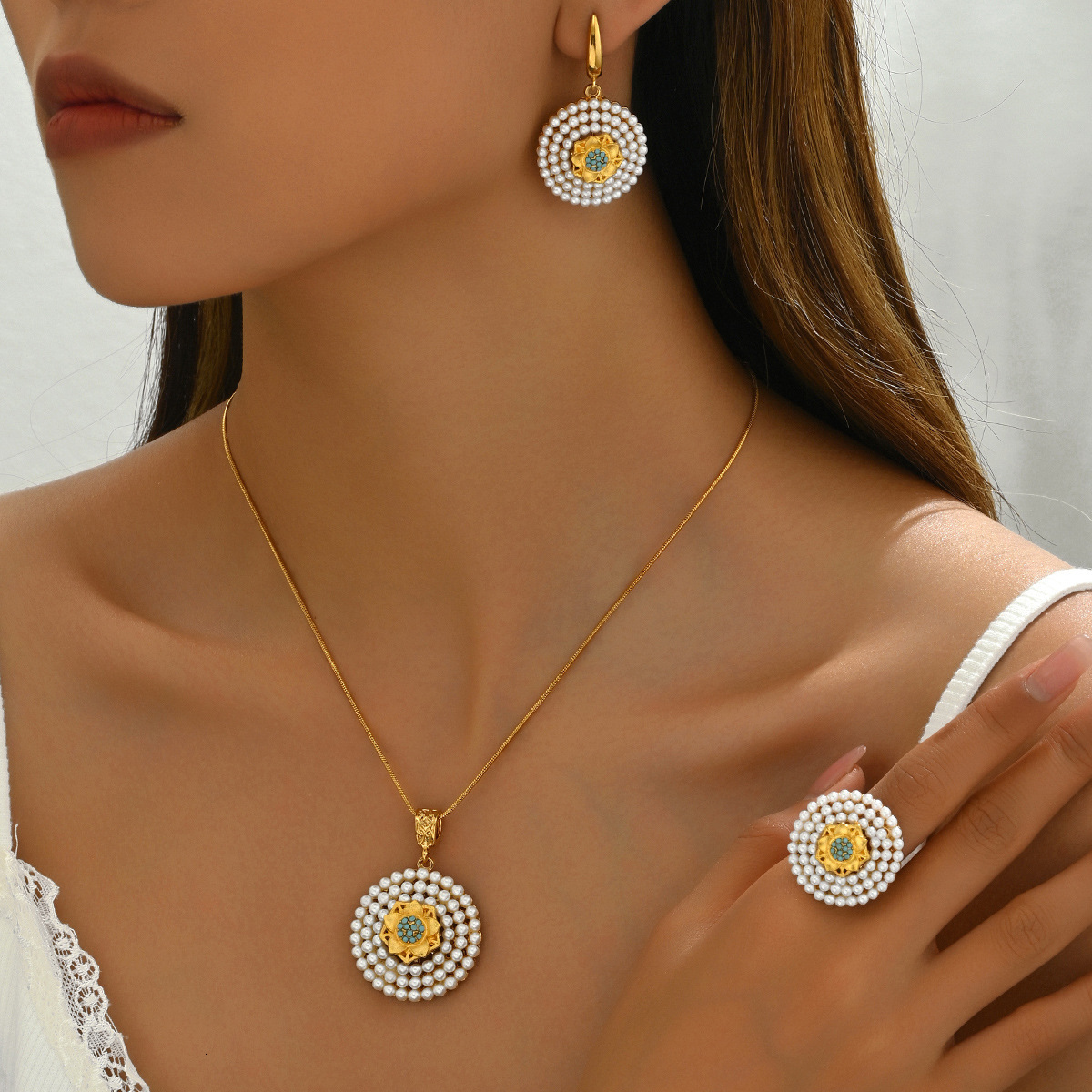 Minimalist Style Jewelry Set Inlaid Pearl Necklace Ring Design Earrings For Women