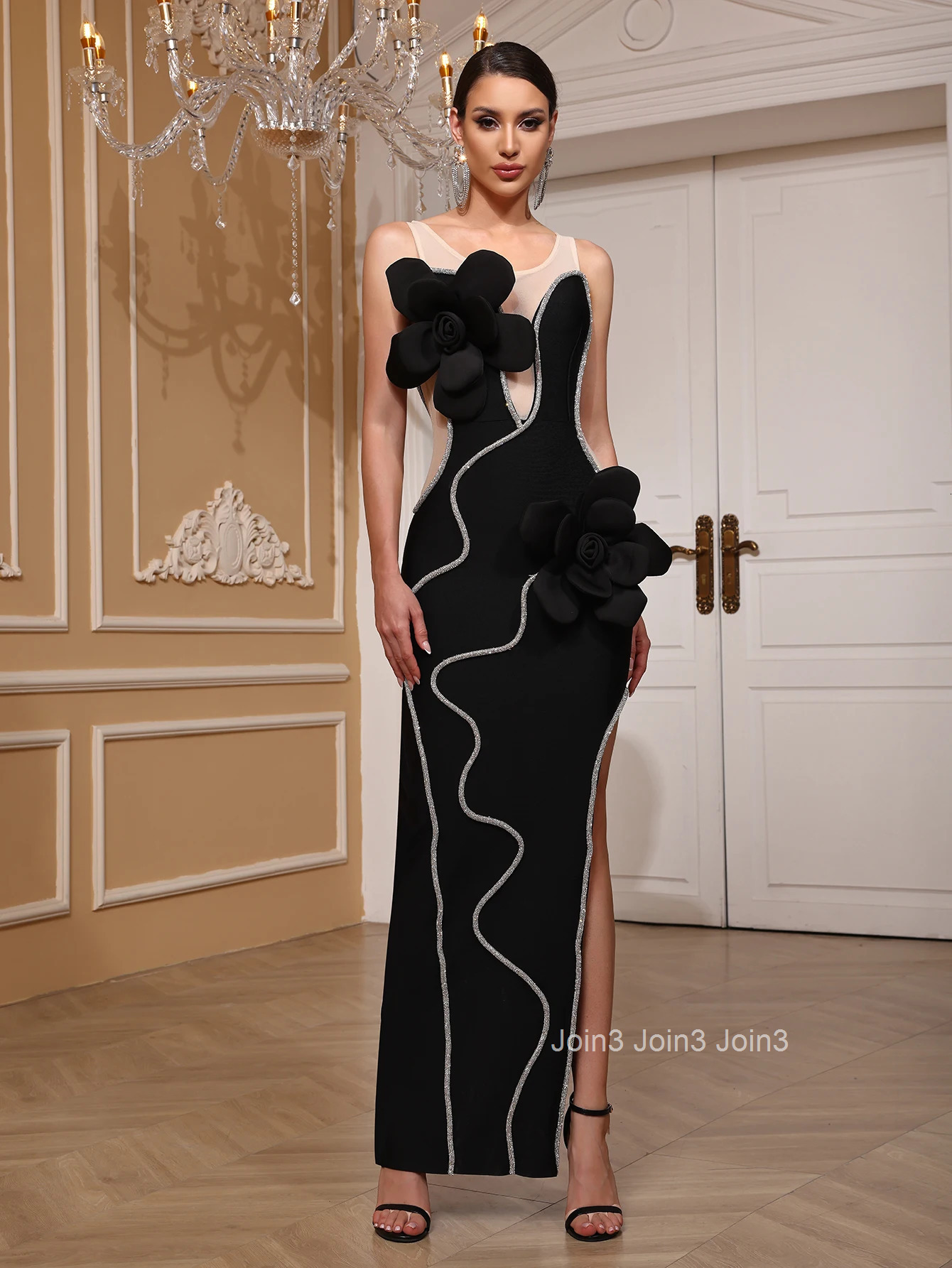 Womens Hot 2 Colour Bandage Dress 3D Floral Sheer Panel Evening Gown Sequined Slit Formal Party Wear
