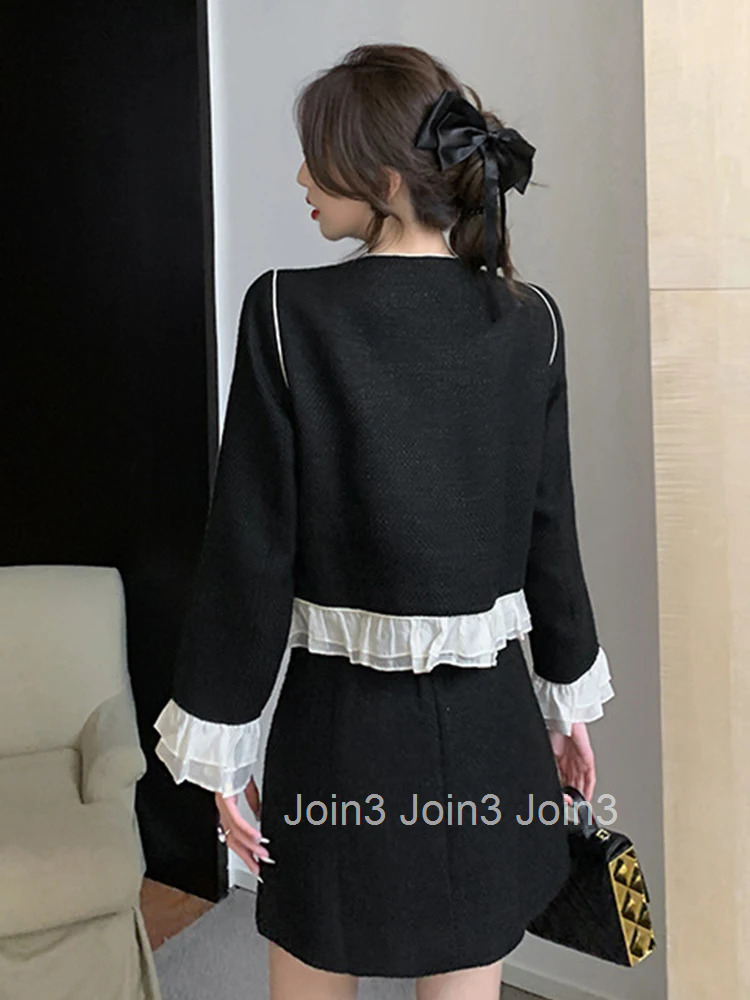 New Fashion Black Tweed 2 Pieces Outfit Women Ladies Sweet Ruffle O-Neck Coat Tops Jacket Outwear And Mini Skirt Mujer Short Set