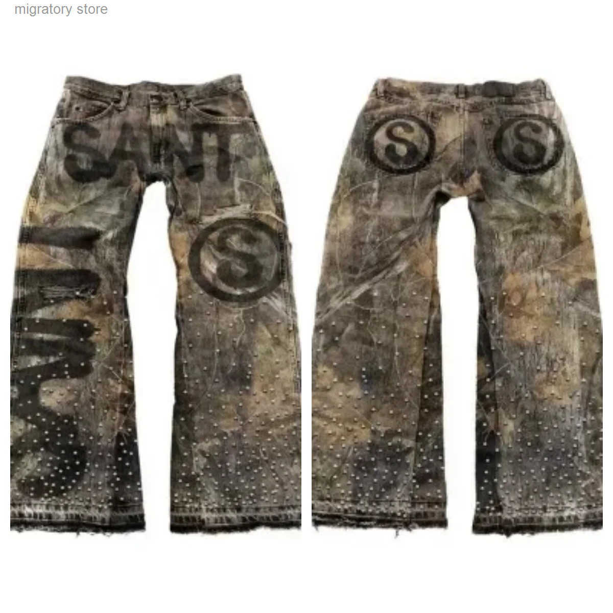 American Rhinestone Letter Camouflage Print Loose Straight Leg Jeans Y2k Hip-hop Strt Design Low Waist Wide Leg Pants L251020